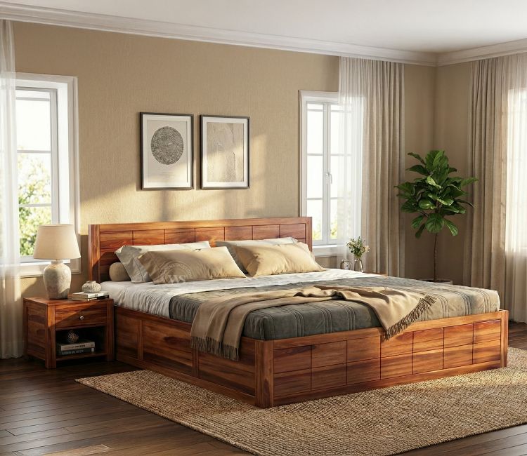 Divya Furniture Solid Wood Queen Size Bed with Storage | Custom Sizes & Colours Available | Multiple Wood Options | Free Home Delivery || ALL CARDS & PAYMENTS ARE ACCEPTED |